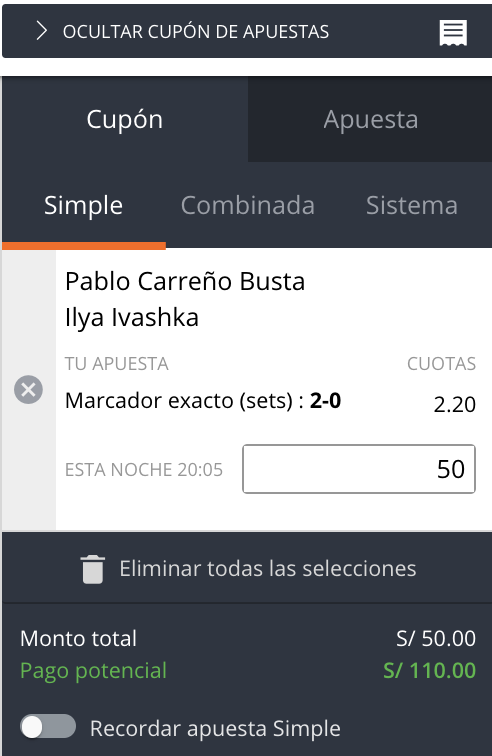 Apuesta simple tenis
