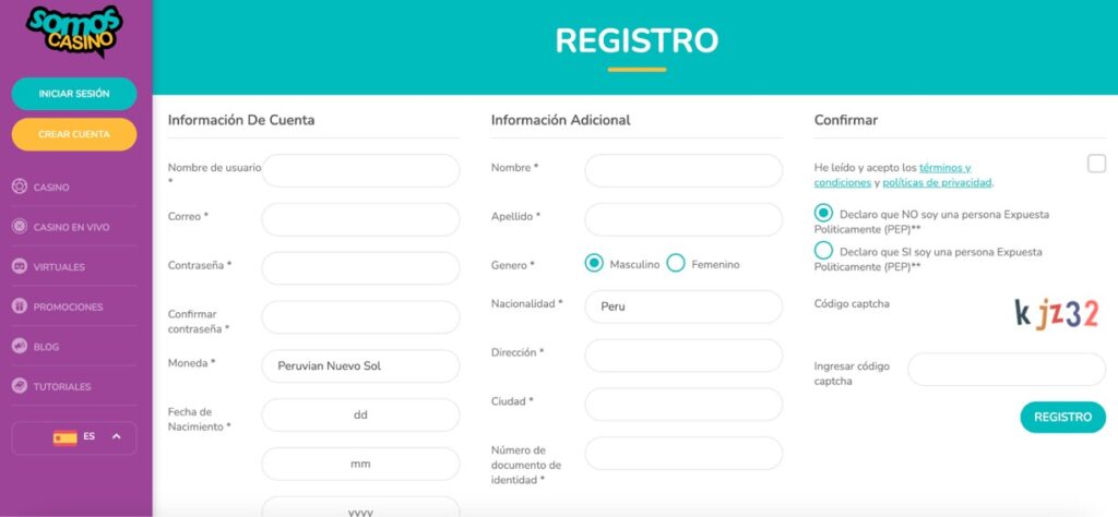 formulario para crear cuenta en somos casino