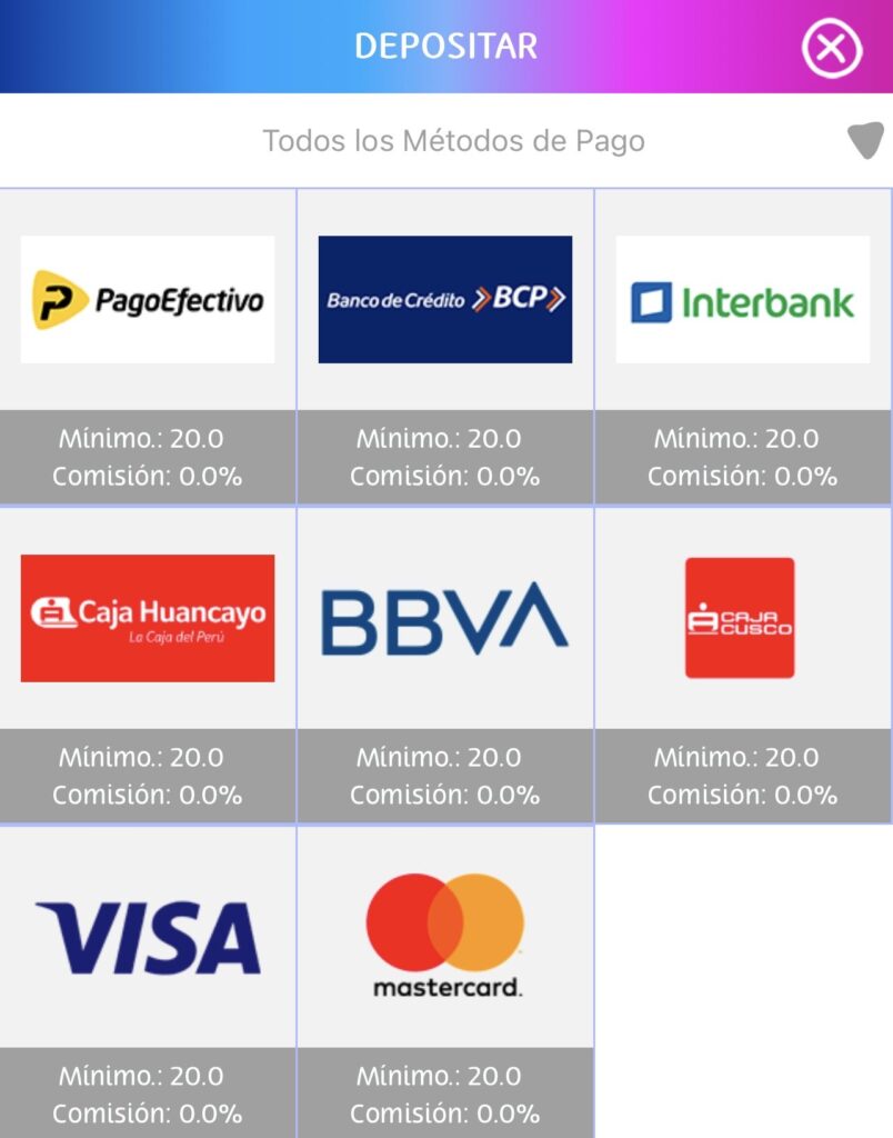 metodos de pago en playuzu app