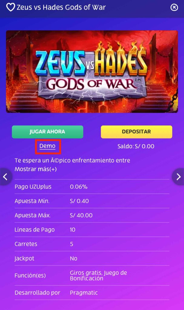 modo demo en playuzu app